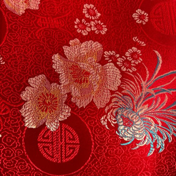 Red Gold Blue Chinese Satin Floral Brocade Fabric 44 x 359 Over 8 Yards - Picture 2 of 9